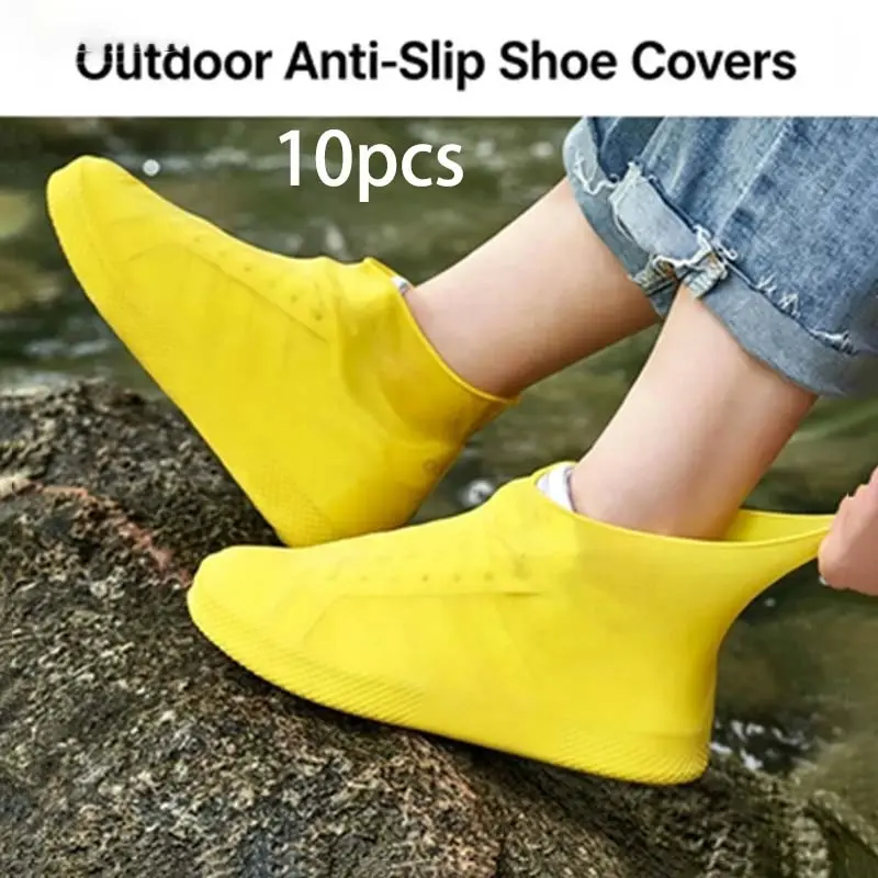 10pcsStretchy Silicone Waterproof Shoe Covers, fully reusable rain shoe protector with great elasticity to fit most sneakers. Slip-on design, anti-slip textured sole blocks mud and rain, lightweight foldable for easy carry