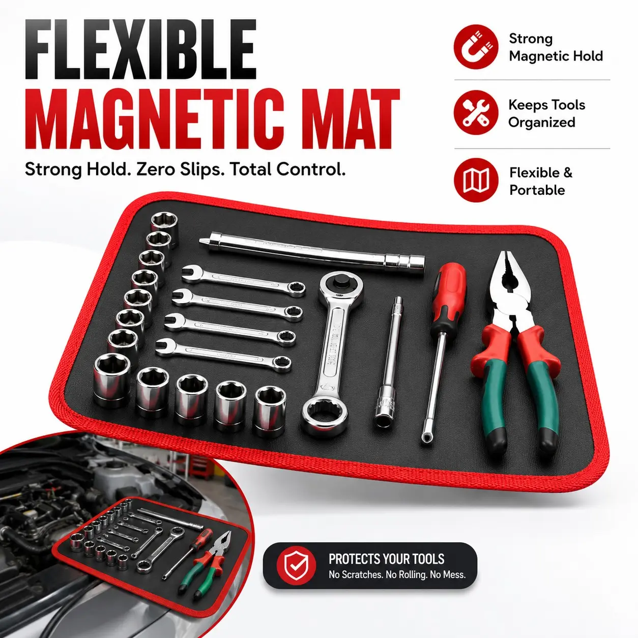 3pc Flexible Magnetic Tool Mat and Tray Rack, PVC Non-Slip, Ideal for Garage Workshop, Car Repair Tools, Father's Day Gift