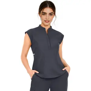 Women's Scrub Top - Mandarin  Soft Stretch Relaxed Fit Scrub Shirts with 2 Pockets
