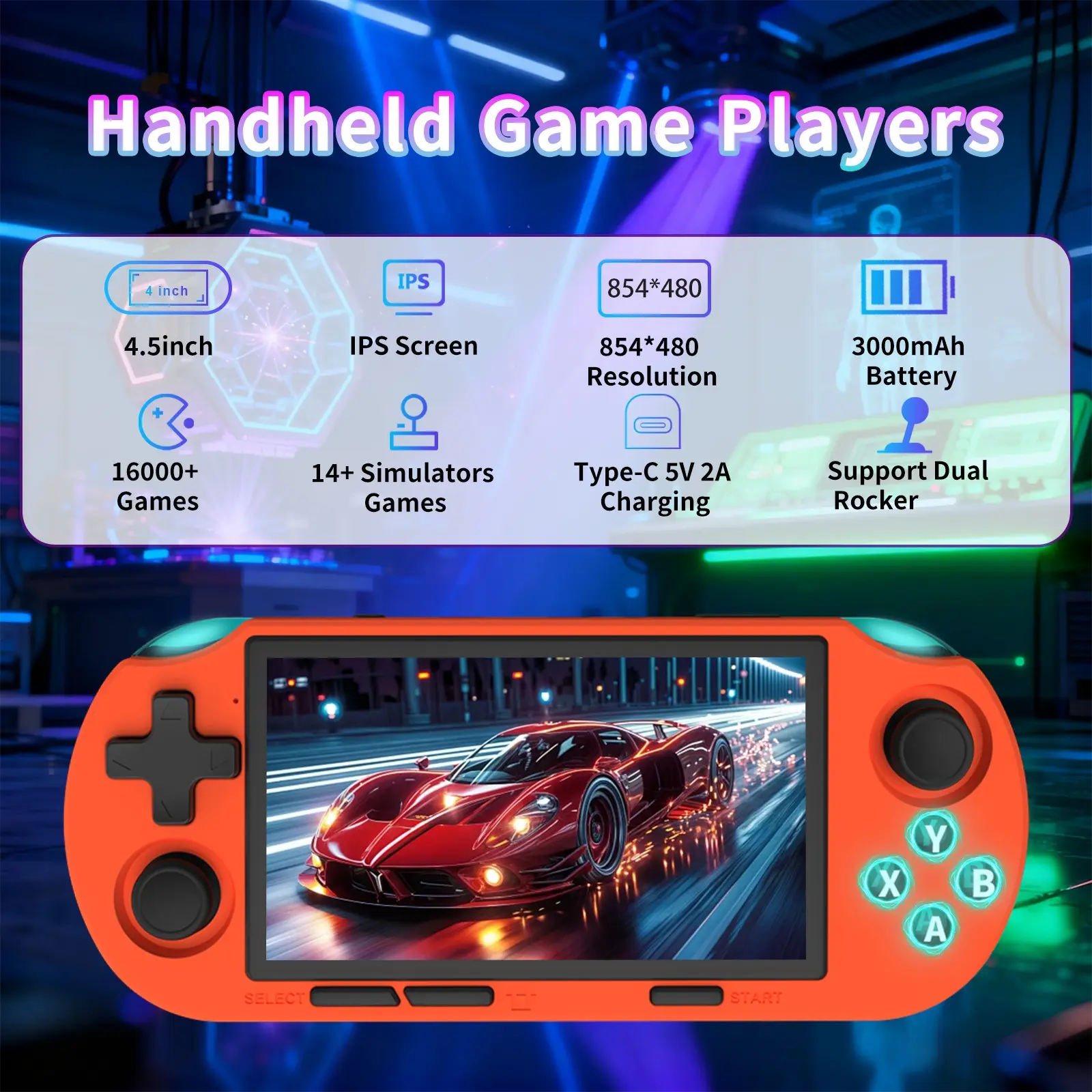 GAMINJA ANS16 Portable Handheld Gaming Console with 4.5 Inch IPS Screen, Handheld Size Portable Retro Video Games RGB Lights, Portable Gaming System, 14 Emulators Including Ps1 Gba Sfc, Rechargeable Portable Console, Handheld Game Consoles