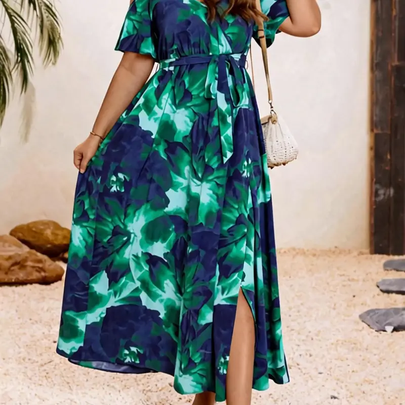 【Plus Size】 All Over Print Cold Shoulder Dress, Boho Short Sleeve Dress for Beach Holiday Vacation, Women's Clothes for Summer, Boho Printed Dress