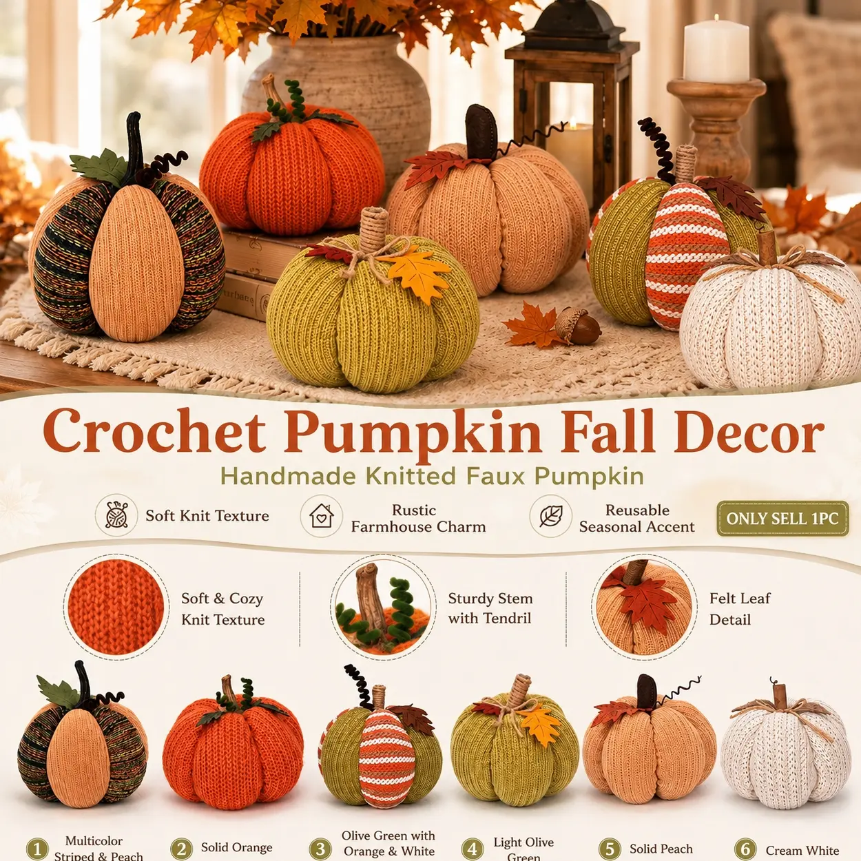 Handmade Crochet Pumpkin Decorations, Decorative Soft Knitted Faux Fall Pumpkins for Thanksgiving Harvest Festival and Halloween Home Decor, Rustic Farmhouse Style Pumpkin Ornaments for Table Centerpiece, Fireplace Mantel, Kitchen Counter, Wedding Party