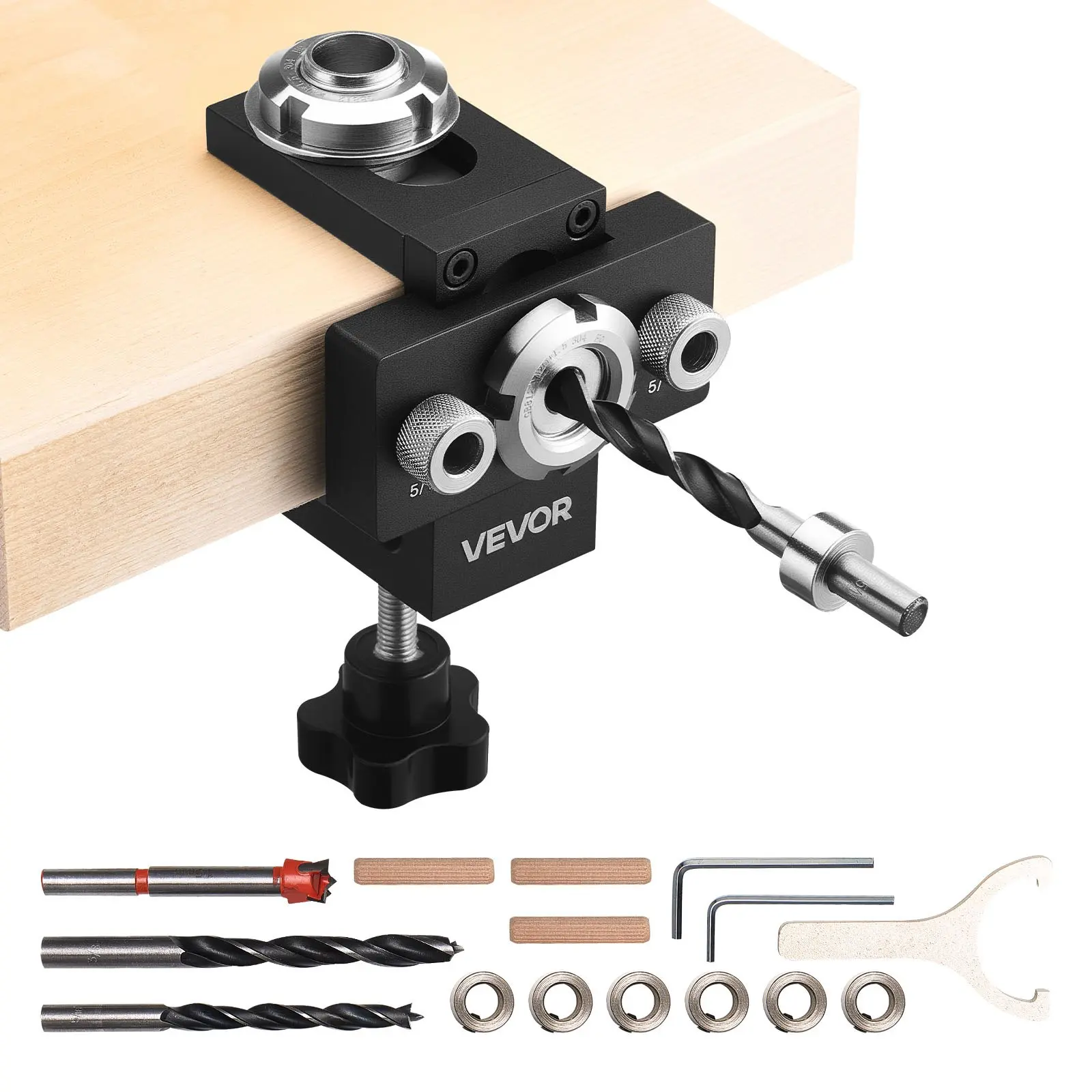 【DealsForYouDays】VEVOR Self-Centering Doweling Jig Kit, Aluminum Alloy Woodworking Joint Tool with Built-In Clamp, 3 Drill Bits (5/16", 3/8", 19/32"), Adjustable Width, for Woodworkers, Furniture Repair, Thick Boards, Inches