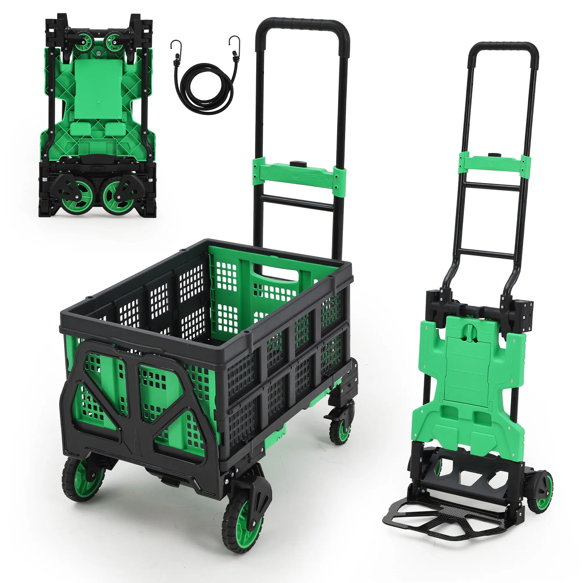 2 in 1 Folding Hand Truck with Utility Storage Basket Heavy Duty Convertible Rolling Platform Cart Portable Folding Dolly for Luggage Green
