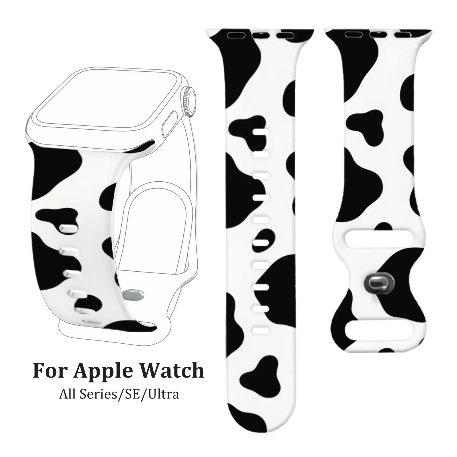 Black White Cow Print Apple Watch Band for Women Men, Soft Silicone Sweat Resistant Easy to Clean Compatible with Apple Watch Series 4/5/6/7/8/9/10, SE1/2, Ultra1/2/3, Farm Style, Smart Watch Accessories, Wearable Accessories