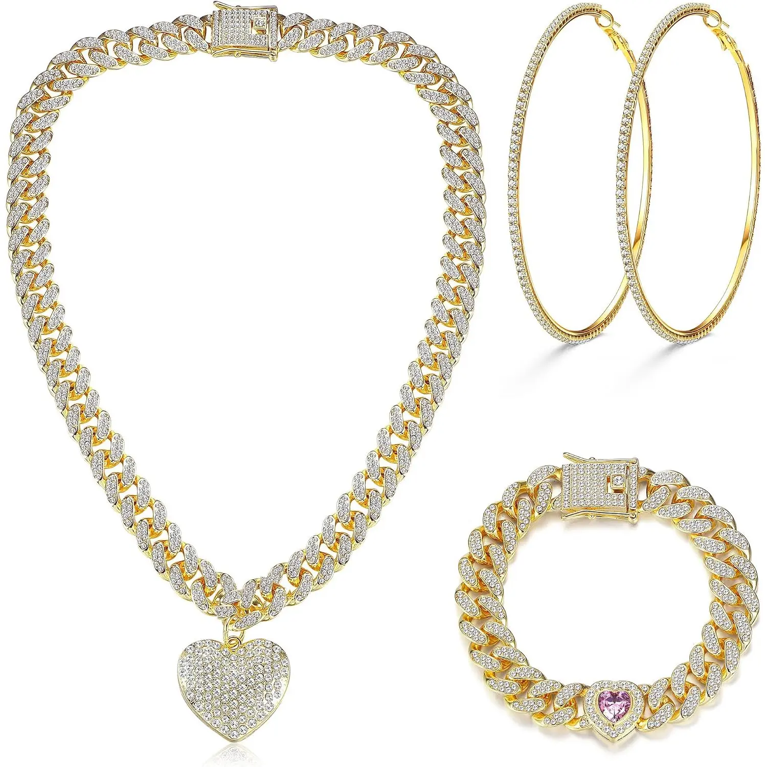 Women Jewelry Set, Heart Toggle Clasp Necklace & Bracelet, Rhinestone Hoop Earrings, Gold/Silver Iced Out CZ Toggle Big Hoop Earrings, Hip Hop Jewelry for Women