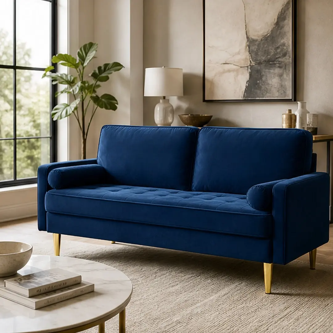 65-Inch Navy Velvet Loveseat Sofa - 2-Seater Heavy Duty (65.00 lb) Industrial Look Couch with Gold Metal Legs, Plastic Details, High Density Foam Cushions, Solid Pine Wood Frame, 800 lbs Capacity, Easy Assembly, 27 in Depth for Living Room,Bedroom