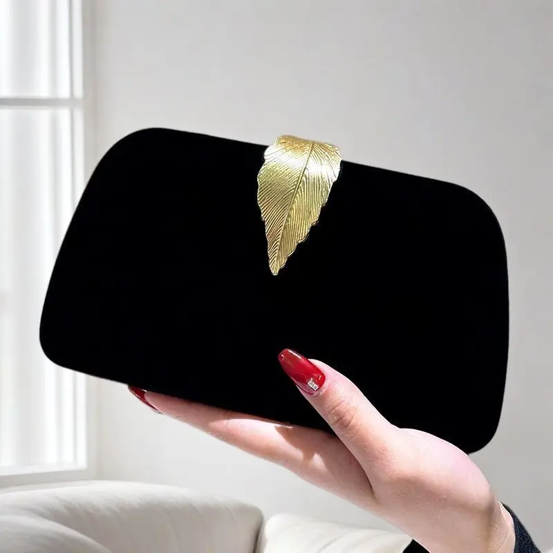 Elegant Burgundy Velvet Female Purse - Fashionable Embellished Compact Clutch-Wristlet with Gold Leaf Clasp, Vintage Shoulder Bag for Wedding, Sports & Outdoor Rainwear Accessory