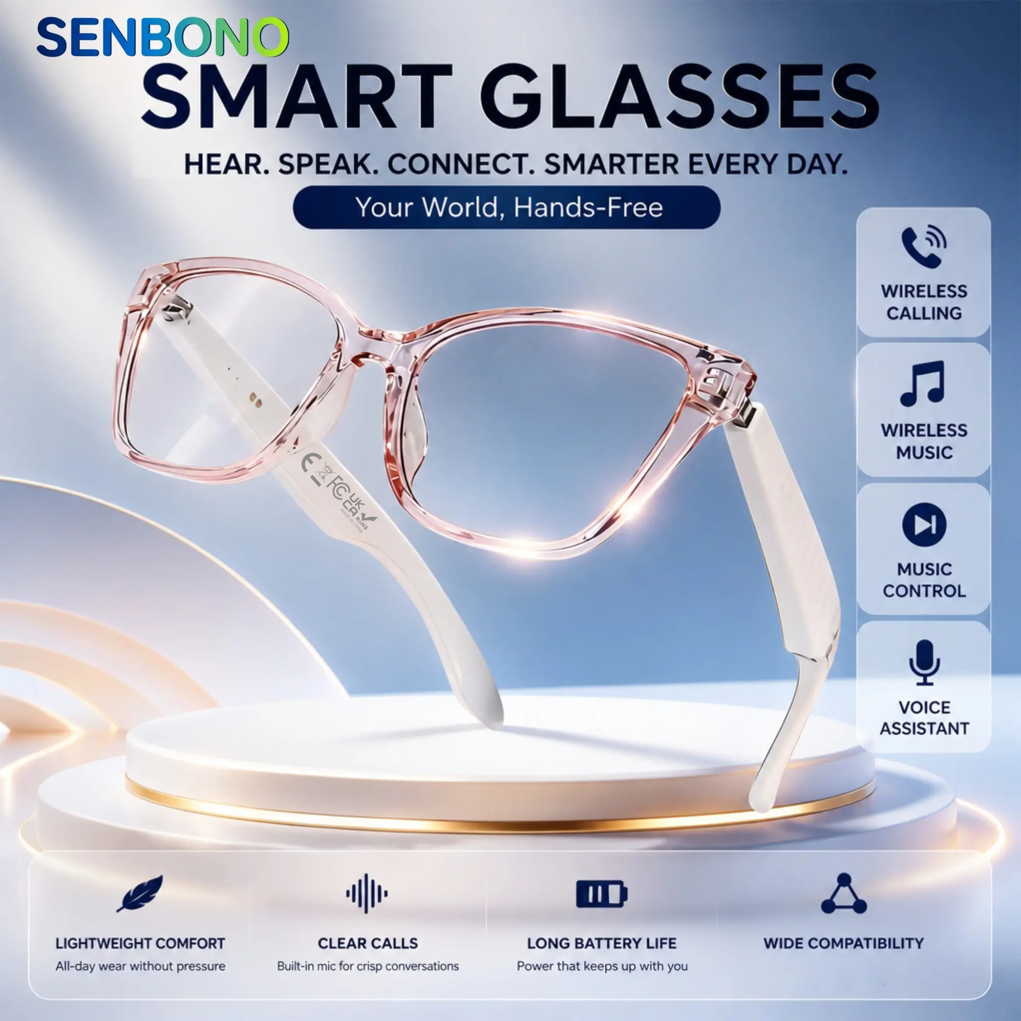 2026 AI intelligent audio glasses, real-time translation in multiple languages, AI assistant, pink frame, high-definition wireless calling, high fidelity music, neutral smart glasses, work, dating, travel, and outdoor gifts.
