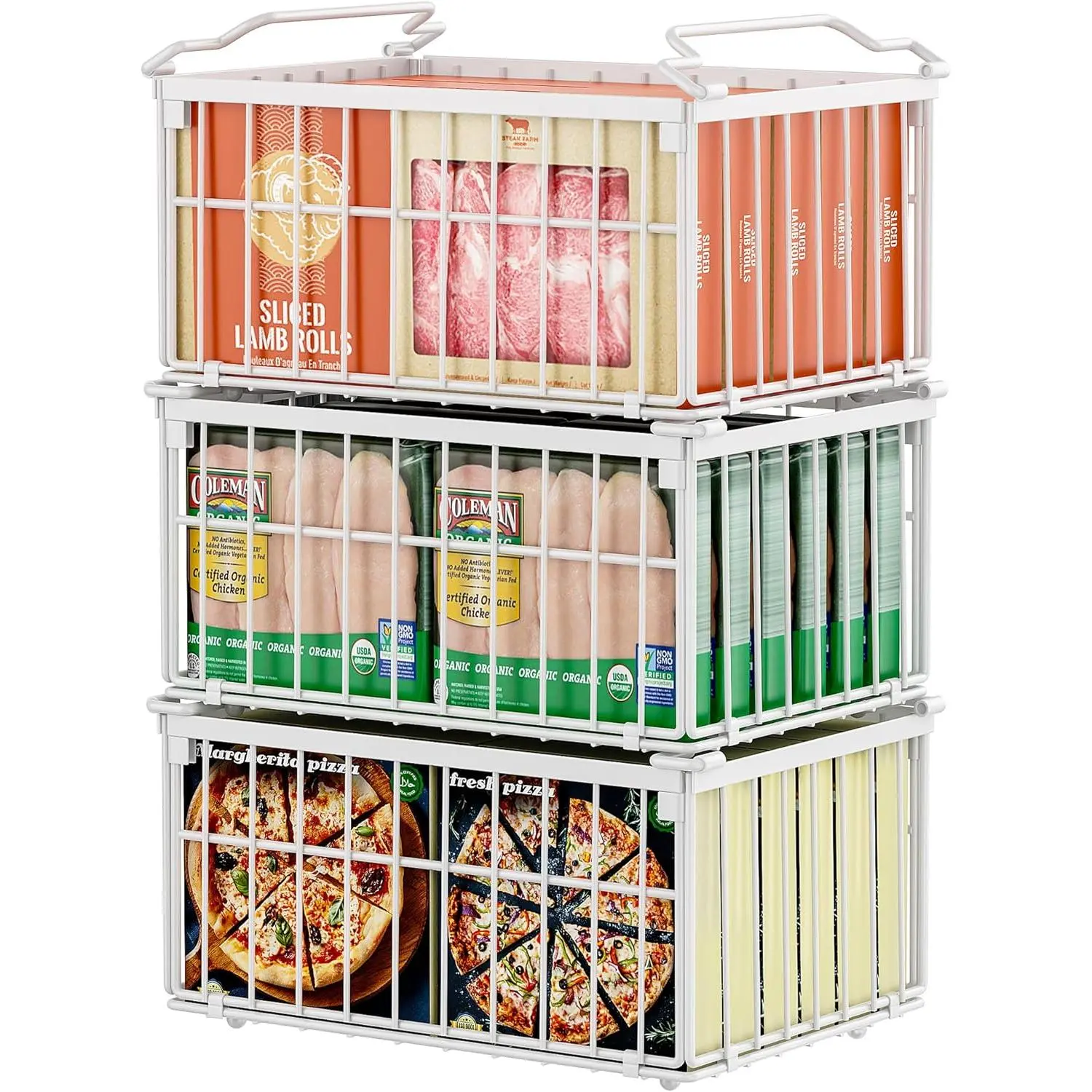 White 3-Pack Stackable Space-Saving Storage Baskets with Handles - Foldable Freezer Organization Containers for 5-9 Cu.FT Deep Chest Freezers, Food Storage Solution to Prevent Food Spoilage & Sort Frozen Meats