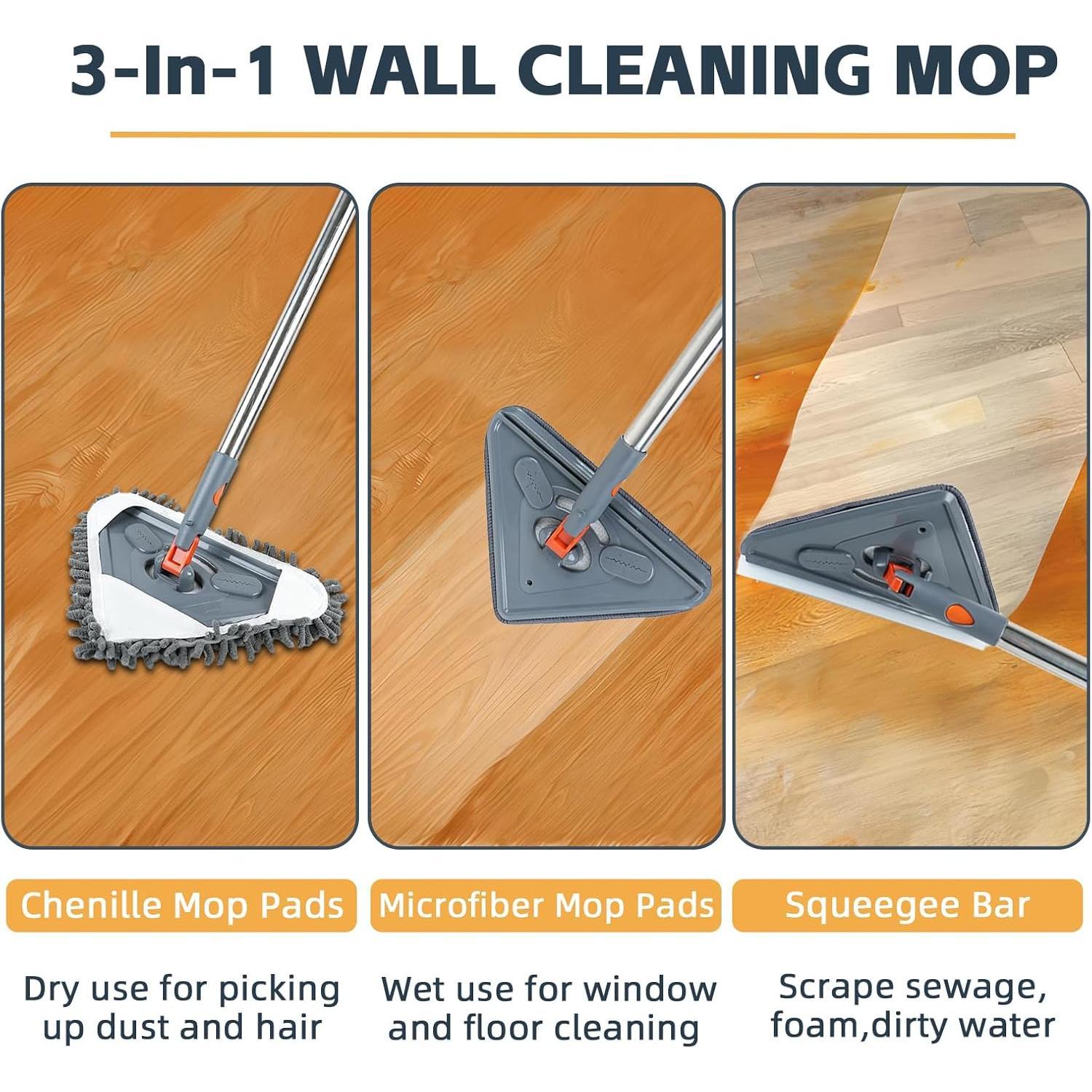 Long Handle Wall Mop & Baseboard Cleaner - Multi-Surface Dusting Tool for Walls, Floors, Baseboards - Wet/Dry Cleaning Mop with Adjustable Handle ( & Kitchen Use)