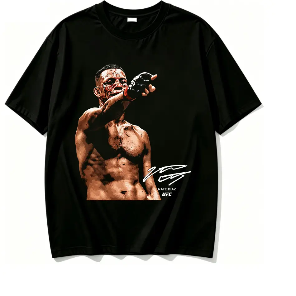 100% Cotton UFC Nate Diaz Bloodied Sweaty Fighting Stance Pointing Finger Portrait Signature Graphic T Shirt Classic MMA Fighter Art Lightweight Comfort Cotton Short Sleeve Fight Fan Streetwear Casual Top