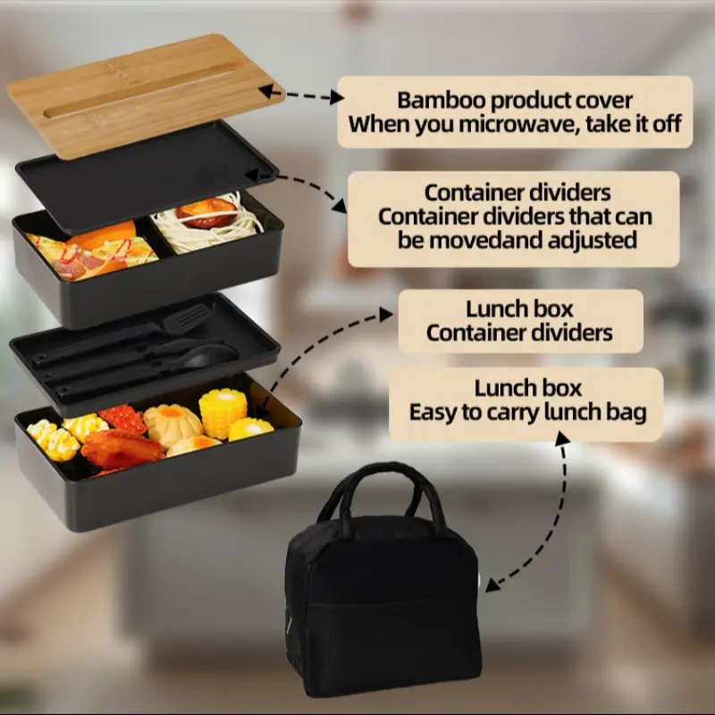Square Bamboo Lunch Box, Cute Bento Box with Utensils and Bag, Microwave and Dishwasher Safe, Ideal for Office, School, Picnic, Lunchboxes