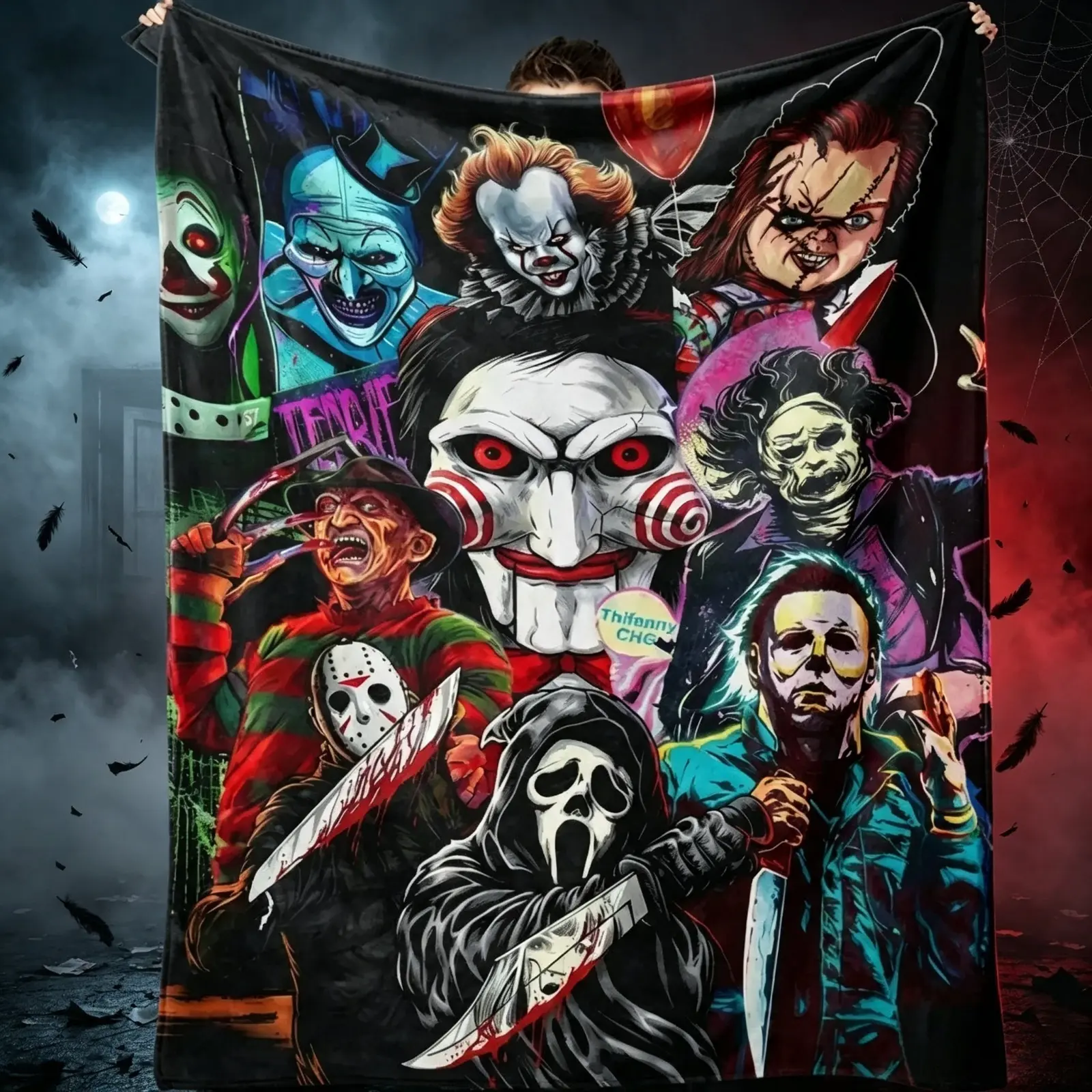 Classic Horror Style Flannel Throw Blanket Vintage Scary Character Print Soft Cozy Fleece Blanket Lightweight Warm Throw for Movie Nights Sofa Bed Dorm Room Home Decor Halloween Gift for Horror Fans