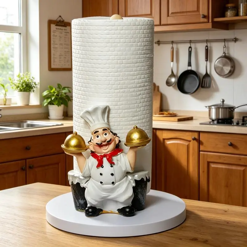 Resin Cute Sitting Chef Motif Paper Towel Holder with Dual Golden Trays, Vertical Countertop Roll Organizer, Kitchen Accessory for Farmhouse Home Decor
