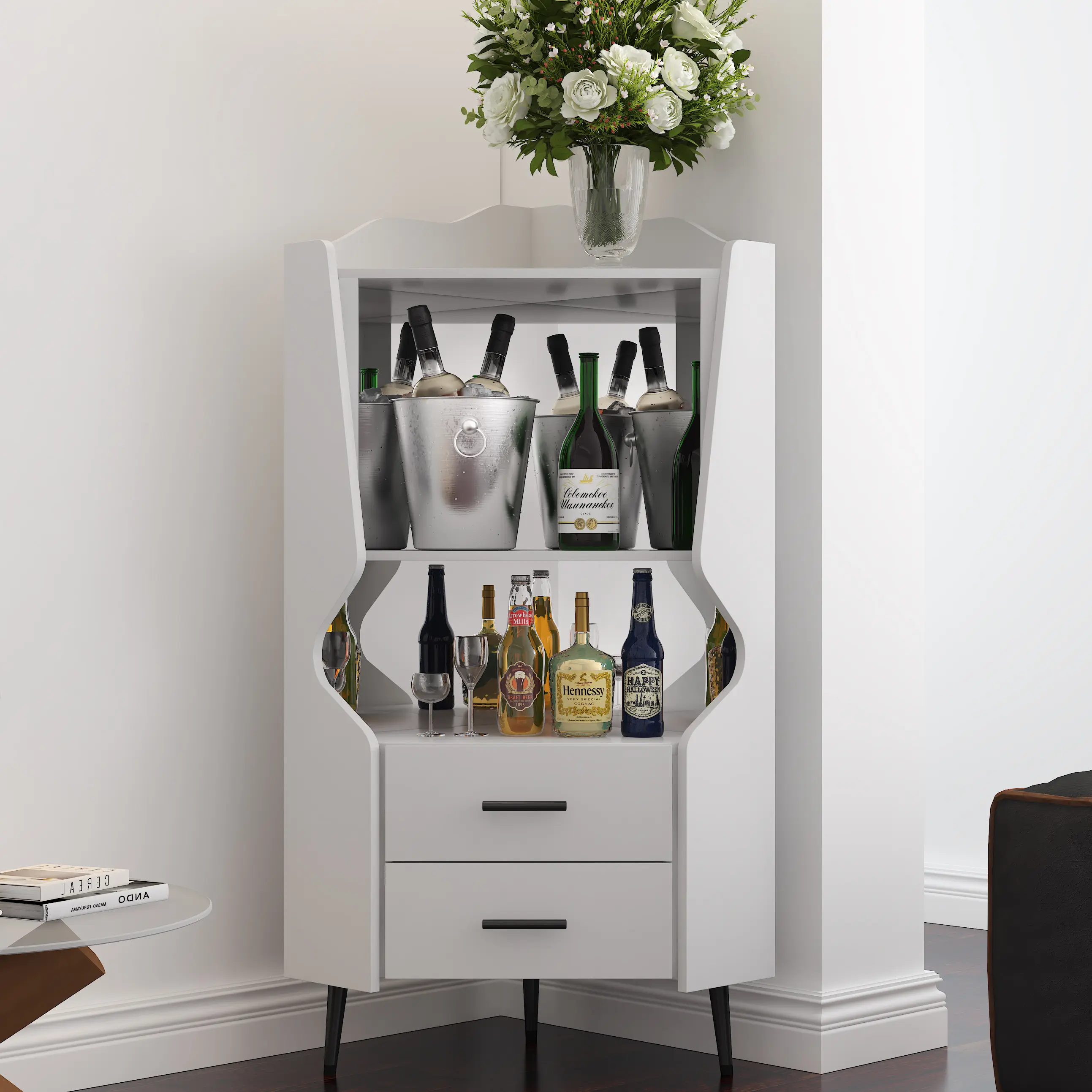 ARCH Wooden Corner Bar Cabinet with 2 Open Shelves and 2 Drawers, Mirrored Back Sideboard Buffet Cabinet, High Feet/Legs for Easy Cleaning, White Home Bar Furniture Storage Cabinet for Living Room Dining Room, Home Furniture and Household Product