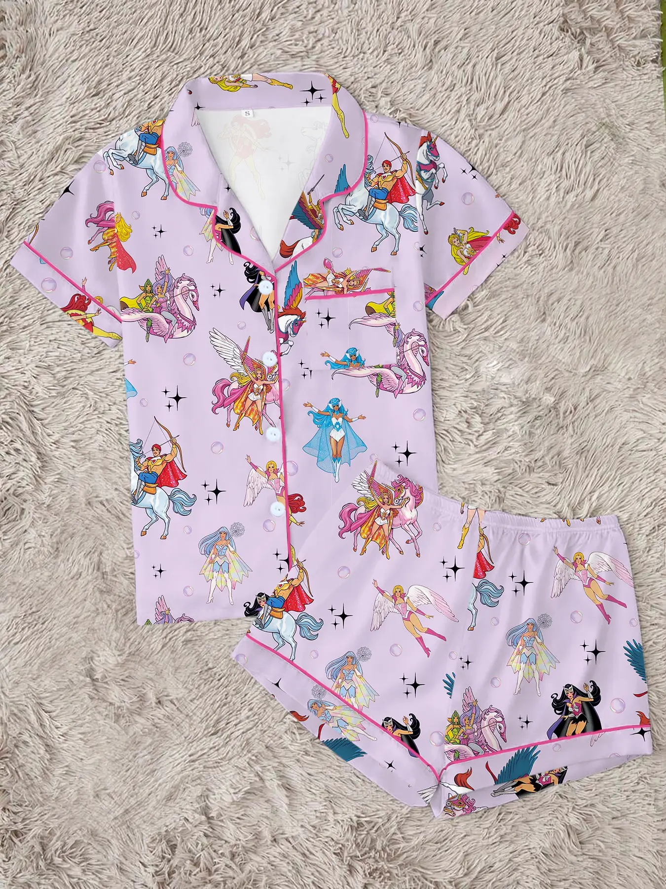 Women's Fun Novelty Nostalgic Character Pajama Set | Vintage Magic Girl & Unicorn Print Short Sleeve Button Down Sleepwear | Soft 2-Piece Summer Lounge Outfit with Contrast Piping | Chic Sleep Gift
