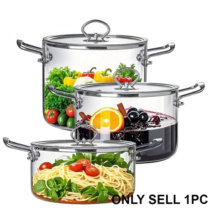 Large Capacity Glass Pot with Lid, 1 Count Stainless Steel Handle Cookware, Clear Glass Pasta Pot, Cooking Pot for Home Kitchen
