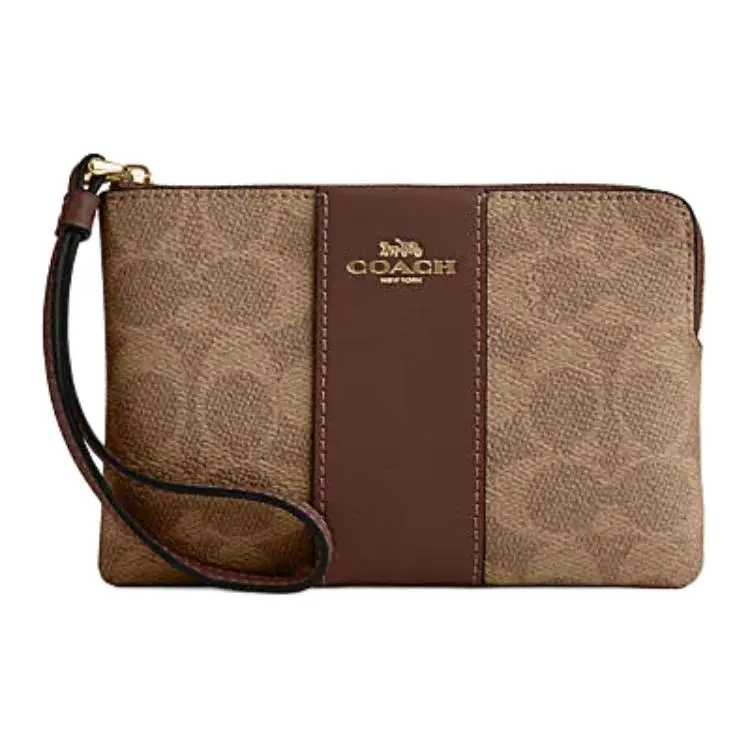 Coach Corner Zip 16 Wristlet Clutch Bag for Women in Tan and Brown Faux Leather with Genuine Leather Trim