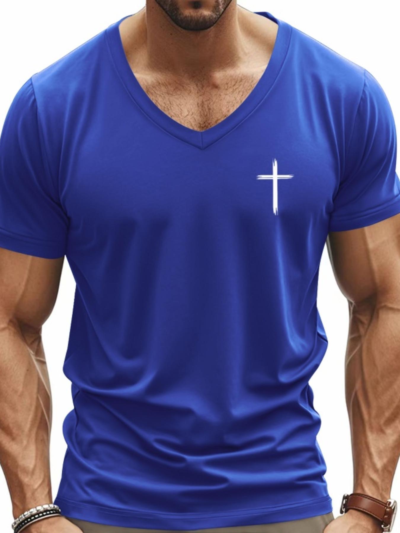Men's Cross Print V Neck Tee, Regular Fit Casual Short Sleeve T-shirt for Summer, Men's Top for Daily Wear, Gym Tees, Gym Workout Shirt