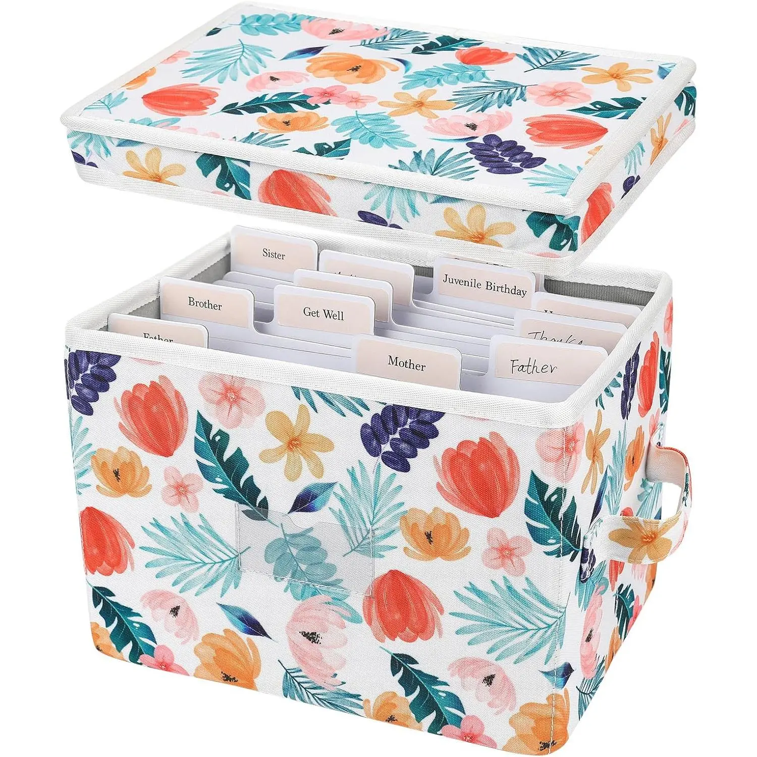 Greeting Card Organizer Box with 12 Removable Dividers - Sturdy Fabric Greeting Card Holder with Handles, Store 140+ Cards for Photos, Crafts, Envelopes, Scrapbooking -Garden