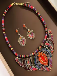 African Tribal Style Women's Jewelry Set, 2-Piece Thick Multicolor Bohemian Vintage Necklace, Earrings, Scarf, Collar, Ethnic Accessories