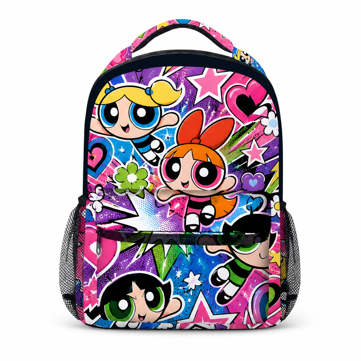 Powerpuff Girls Colorful Cartoon School Backpack, Blossom Bubbles Buttercup Bookbag with Front Zipper Pocket and Side Mesh Pockets for Kids,lightweight,Pastel,Embroidered,Canvas,Tote,Bags,Adjustable,Crossbody,Shopping Bag,Men',Chri,Drawstring,Gym,Sackpack