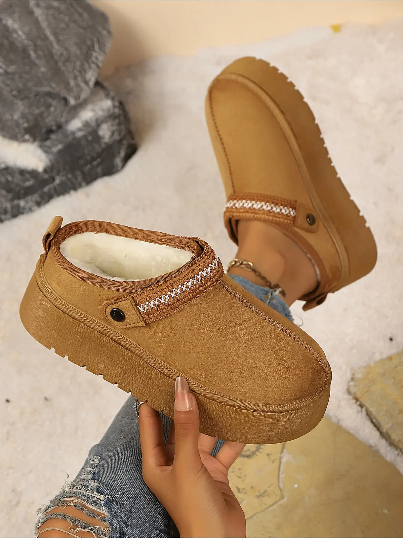 Women's Ethnic Embroidery Platform Mule Slippers, Winter Fuzzy Lined Warm Slip On Clogs