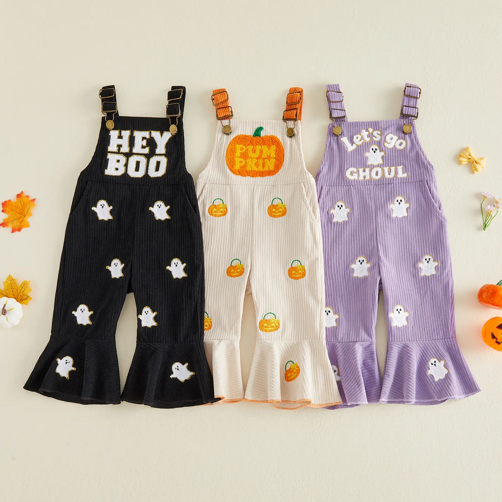 Toddler Baby Little Girls Halloween Jumpsuit Ghost Embroidery Sleeveless Ribbed Bell Bottom Pants Overalls Fall 6M-5T