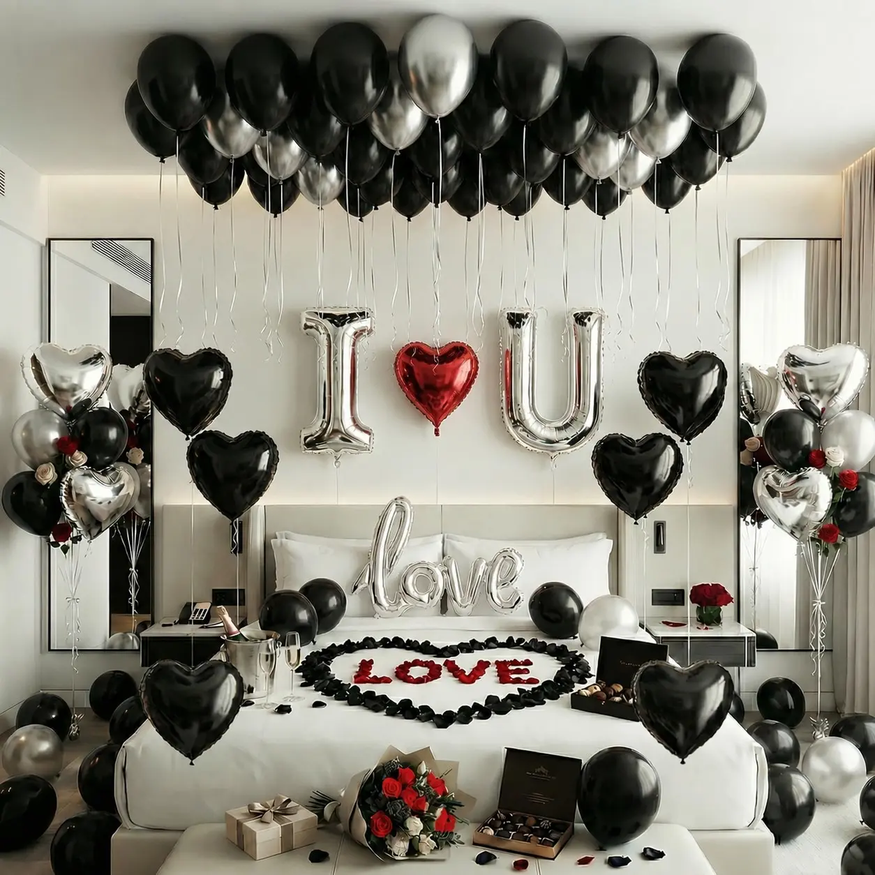 Black Silver Romantic Magical Special Night Decorations with I Love You and Heart Balloons & 2000 Rose Petals for Anniversary, Valentine Day, Bedroom, Hotel Room, Birthday Decorations for Him Decorative Gift