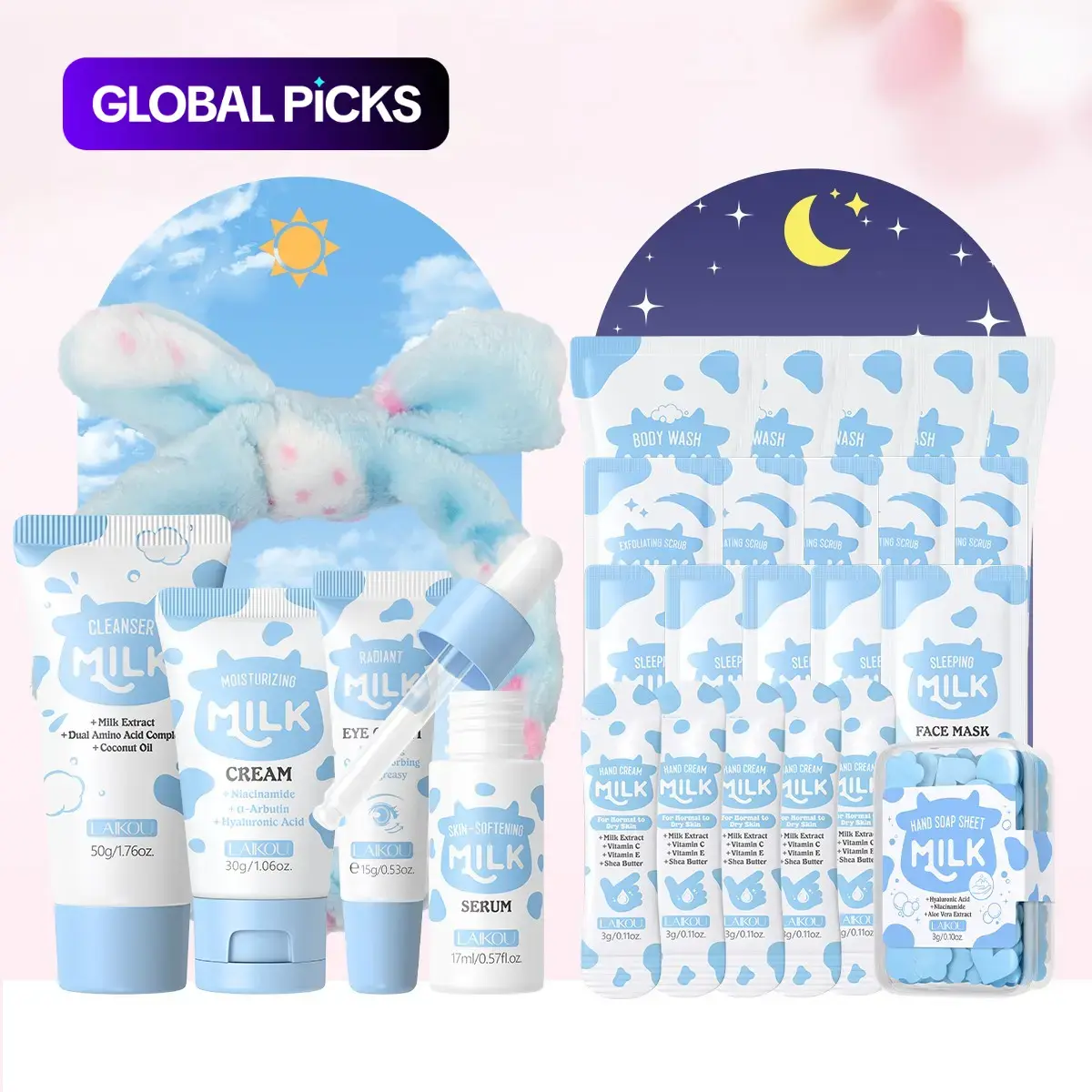 Sakura & Milk Glow Skincare Set, Day & Night Rejuvenating Glowing Skin Kit Including Facial Cleanser, Eye Cream, Serum, Moisturizer, Sun Care Cream, Scrub and Makeup Bag, Glow Skin Care Gift Kit #GLOBAL PICKS