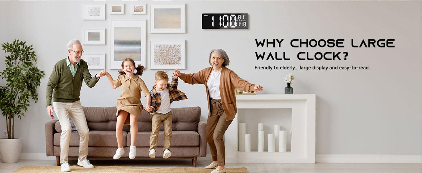 16.5" Large Digital Wall Clock with BT Sync, RGB Lights with 11 Scenes Mode Remote Control, Dual Alarms with Big LED Display, Auto DST, Temperature for Classroom Gaming