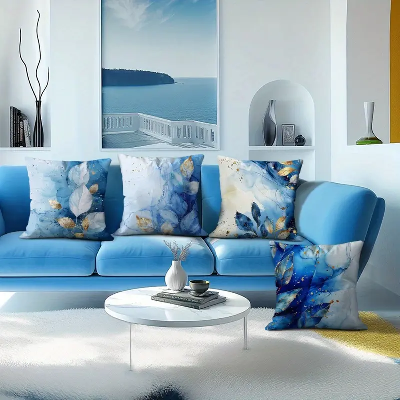 4-Piece Contemporary Blue Leaf Watercolor Throw Pillow Covers Set, Machine Washable Polyester Cushion Cases with Zipper Closure for Various Room Types - 45x45cm