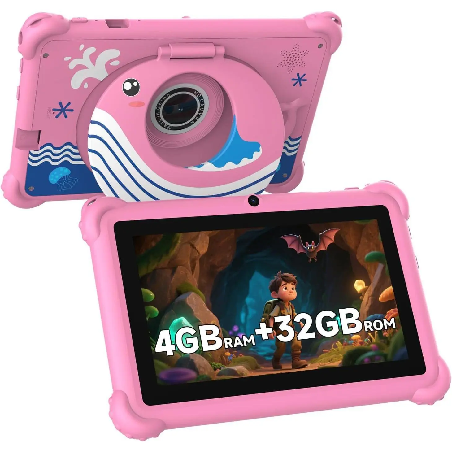 Child-Friendly Toddler Tablet for Kids Ages 3-7, 7-Inch Pink Android Tablet with Protective Case, Eye Protection Screen, 4GB RAM, Wi-Fi, Parental Controls & Dual Camera
