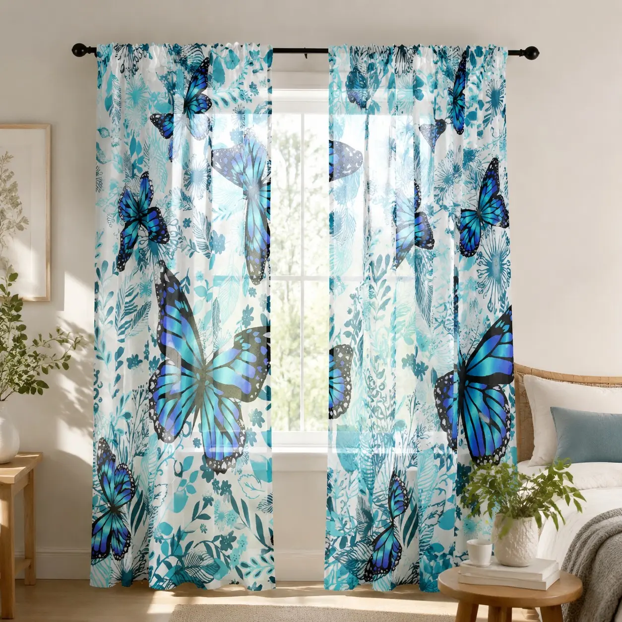 Blue Butterfly Floral Curtains, Window Curtain, Background, Turquoise Tropical Leaf Print, Sheer Bohemian Plant Curtains, Bedroom Living Room Kitchen Decor