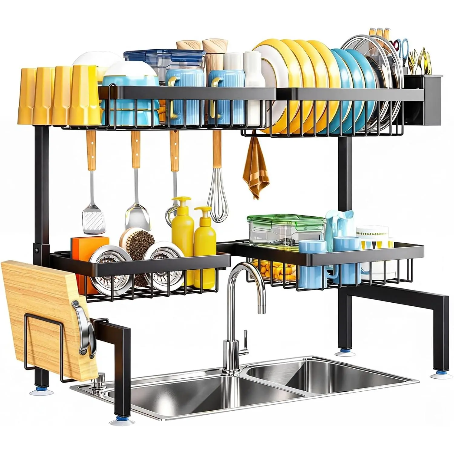 2 Tiers 4 Baskets (one More Than Others) Over The Sink Dish Drying Rack,fits All Sinks (from 24.8" to 35.4"),2-Tier Adjustable Sink Rack,Dishes Rack Kitchen Storage Organizer Space Saving