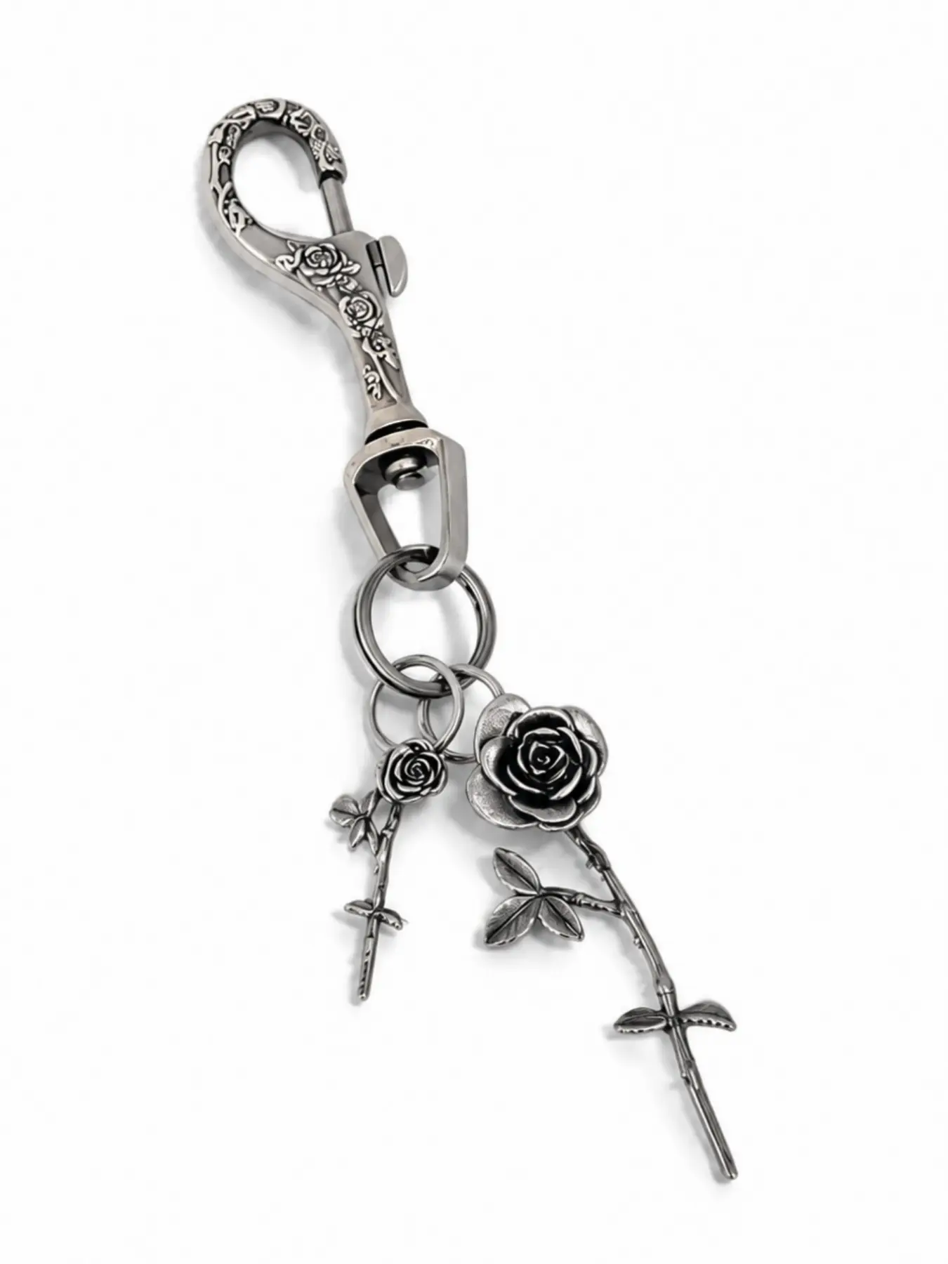 Metal Engraved Keychain with Dual Rose Pendant, Vintage Silver Color Floral Charm, Fashionable Bag Accessory, All-Season Trendy Key Ring
