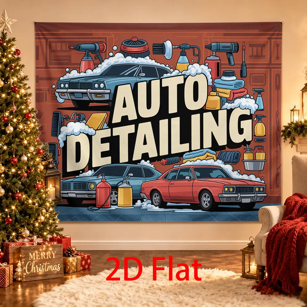 Auto Detailing Garage Backdrop with Classic Cars, Foam and Car Cleaning Tools