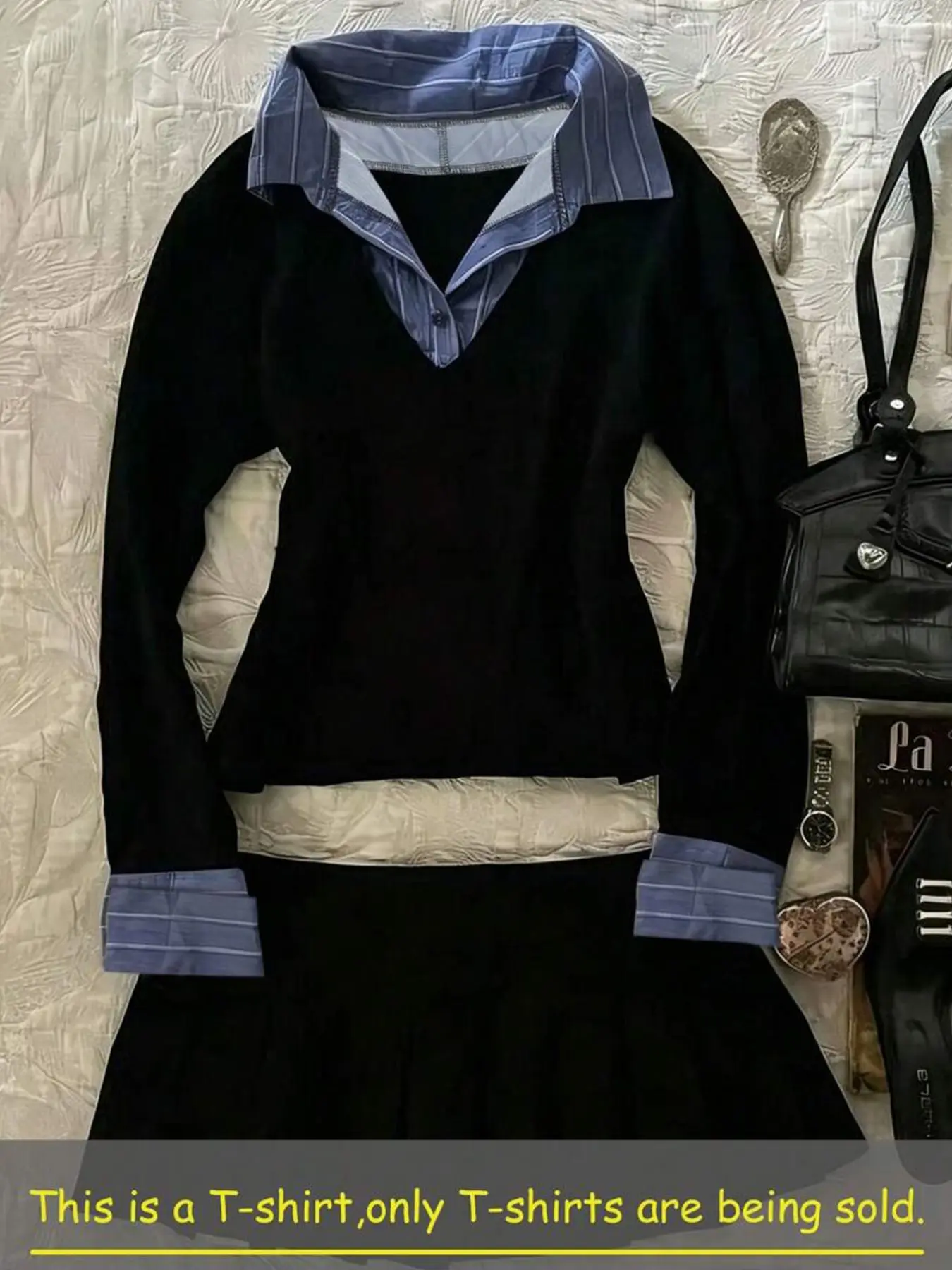 Women's Patchwork 2 in 1 Blouse, Button Up Shirt, Casual Fashion Preppy Striped Collar Long Sleeve Top for Spring & Fall, Women's Clothing for Daily Wear, Basic Simple Comfortable Casual Daily Wear, All Season Top