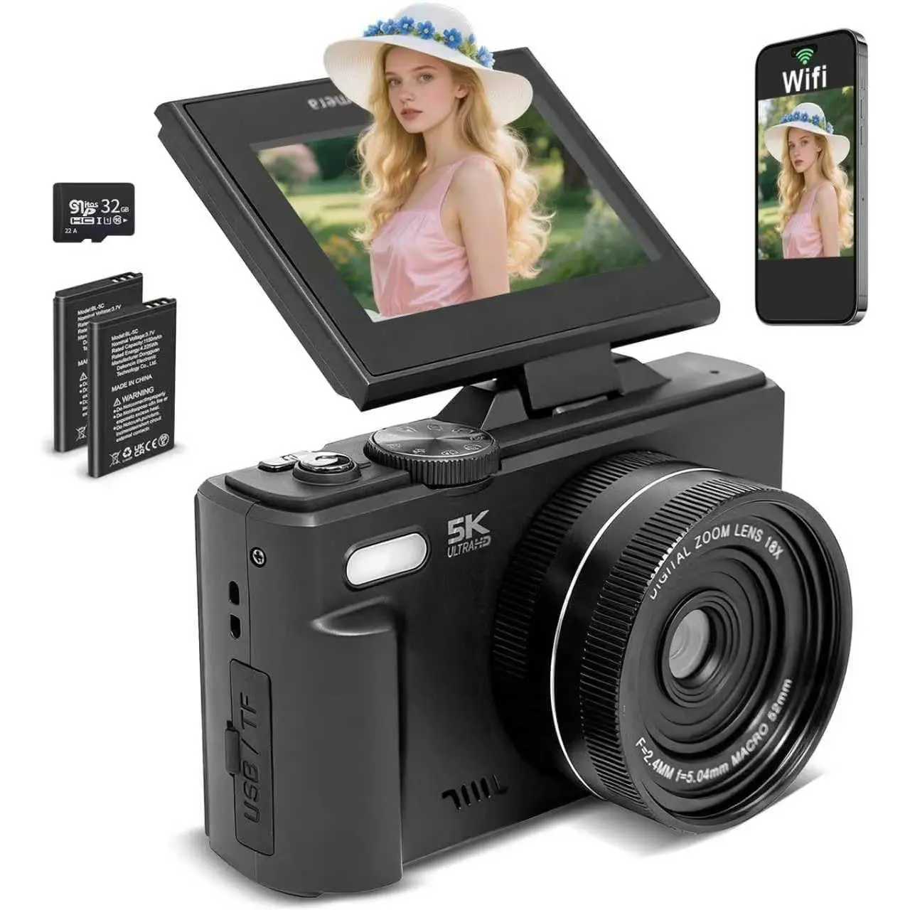 75MP Digital Camera for Photography with 3" 180 Flip Screen | 18x Digital Zoom, 5K Video, 32GB Card, WiFi Vlogging Camera for YouTube
