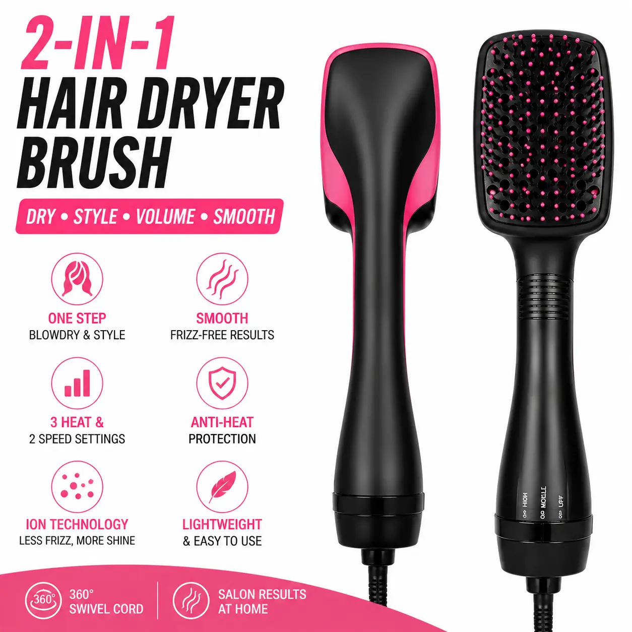 2-in-1 Hair Dryer Brush – One Step Hot Air Styler for Drying, Curling, Straightening & Adding Volume, Smooth Frizz-Free Hair Styling Tool