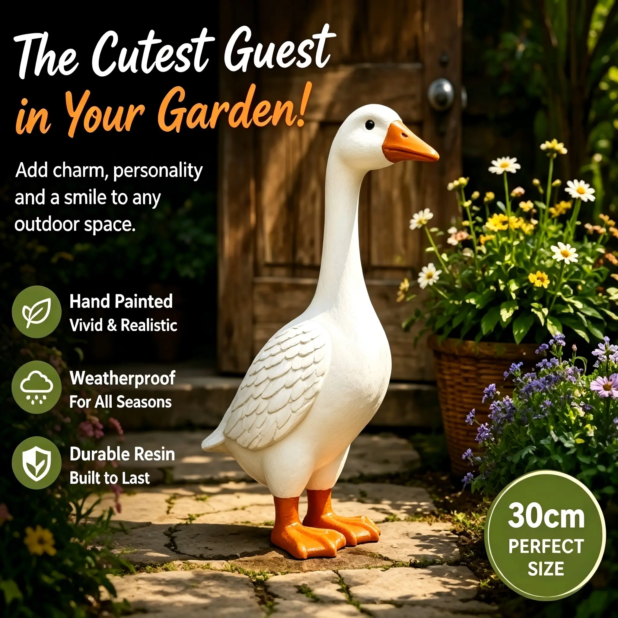30cm White Resin Goose Garden Statue | Outdoor Farmhouse Decor | Weatherproof Lawn Ornament | Cute Gift for Garden Lovers | Porch Goose Statue | Resin Sculptures | Exterior Decorative Statues
