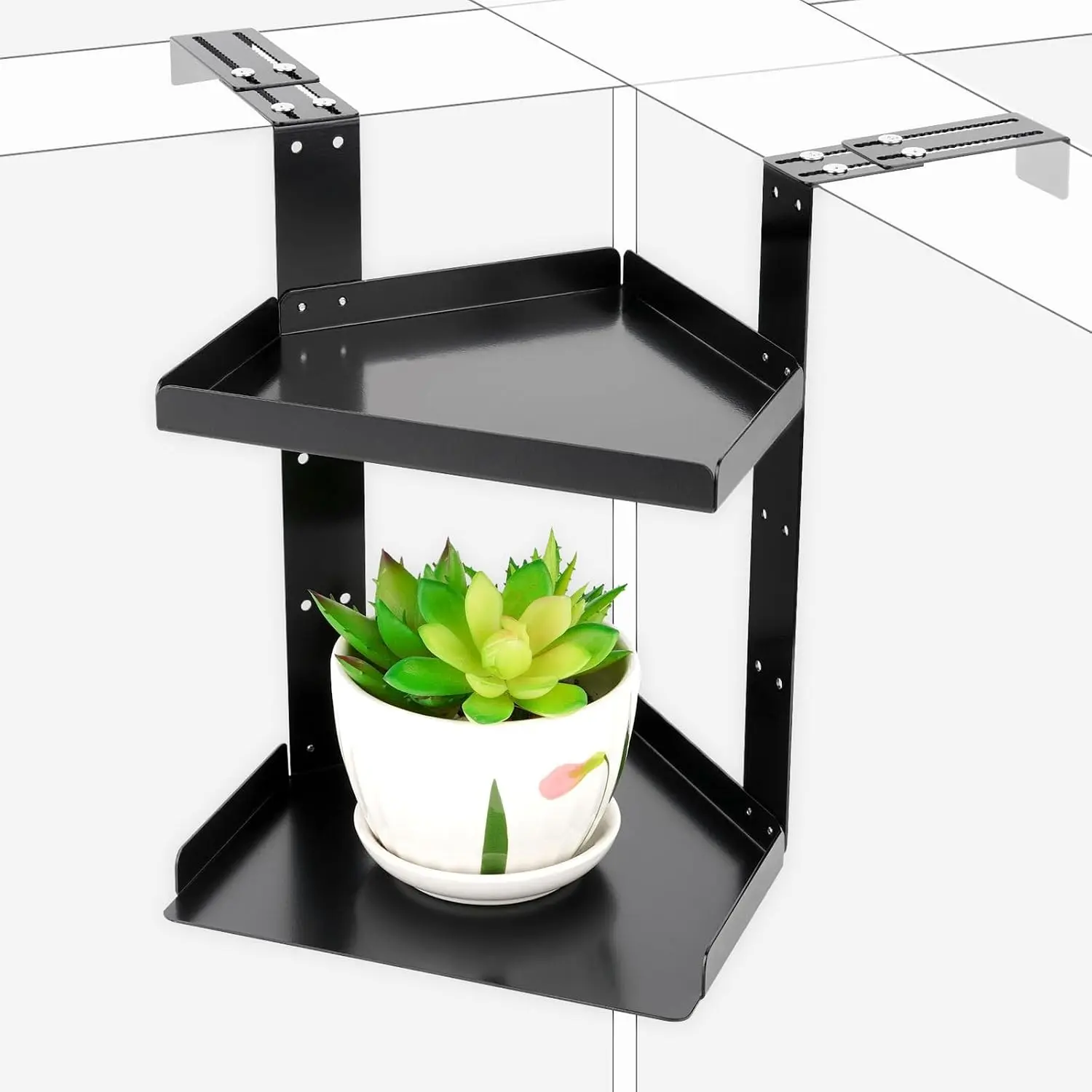 Black Metal Office Cubicle Shelves - Height-Adjustable Hanging Corner Shelf with Adjustable Hooks, Double-Layer Wall Organiser for Plants, Decor, Frames