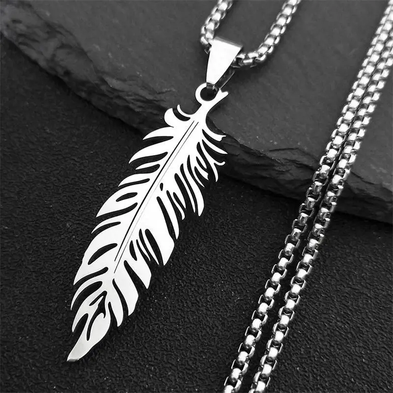 Boho Feather Pendant Male Necklace for Women Men Stainless Steel Silver Color Leaf Chain Jewelry Gift collar hombre N3393S01
