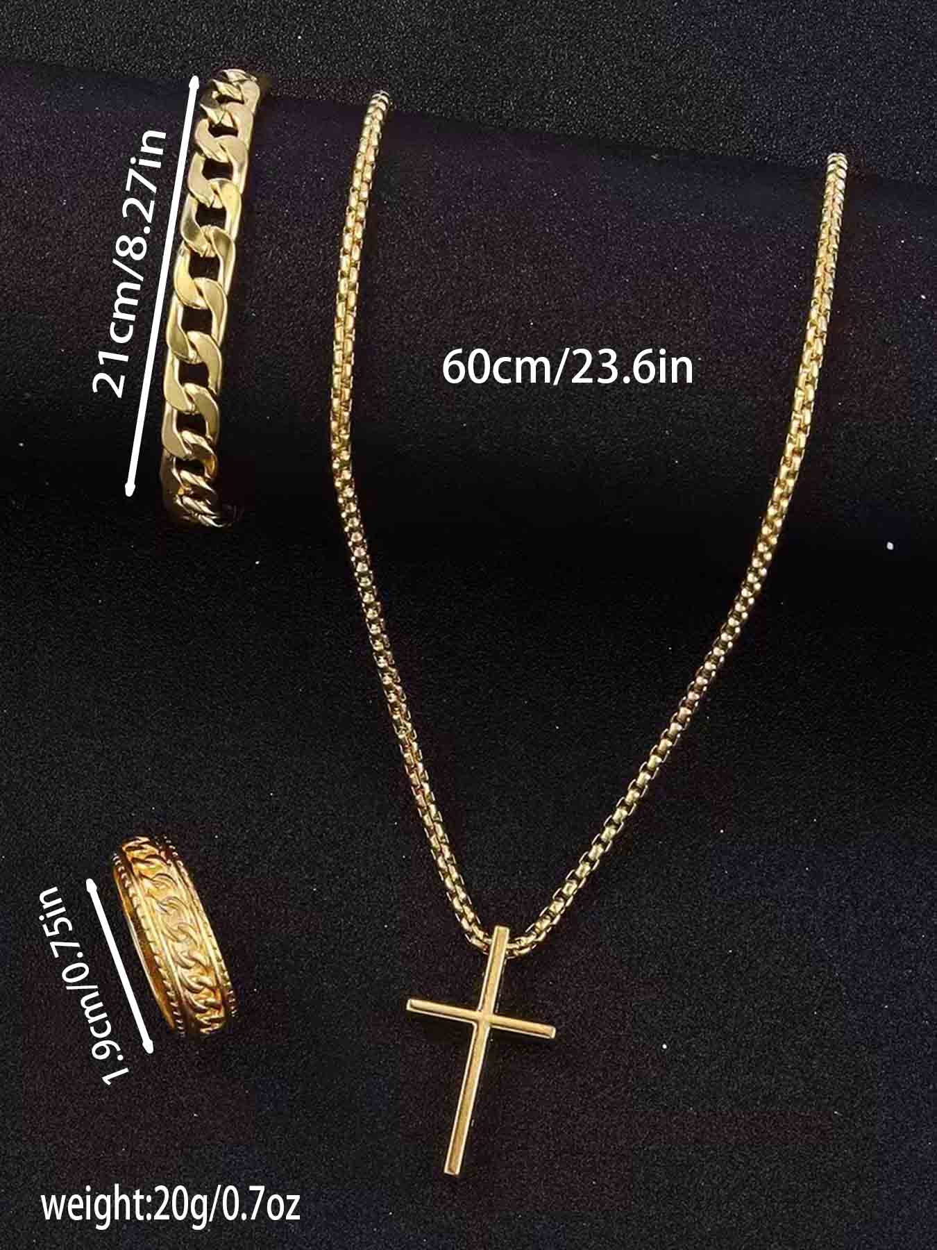 Men's Punk Hip Hop Cross Necklace & Curb Chain Bracelet & Ring, Fashionable Jewelry Set for Party, Daily Decor, Trendy All-match & Exquisite Jewelry for Birthday Gift