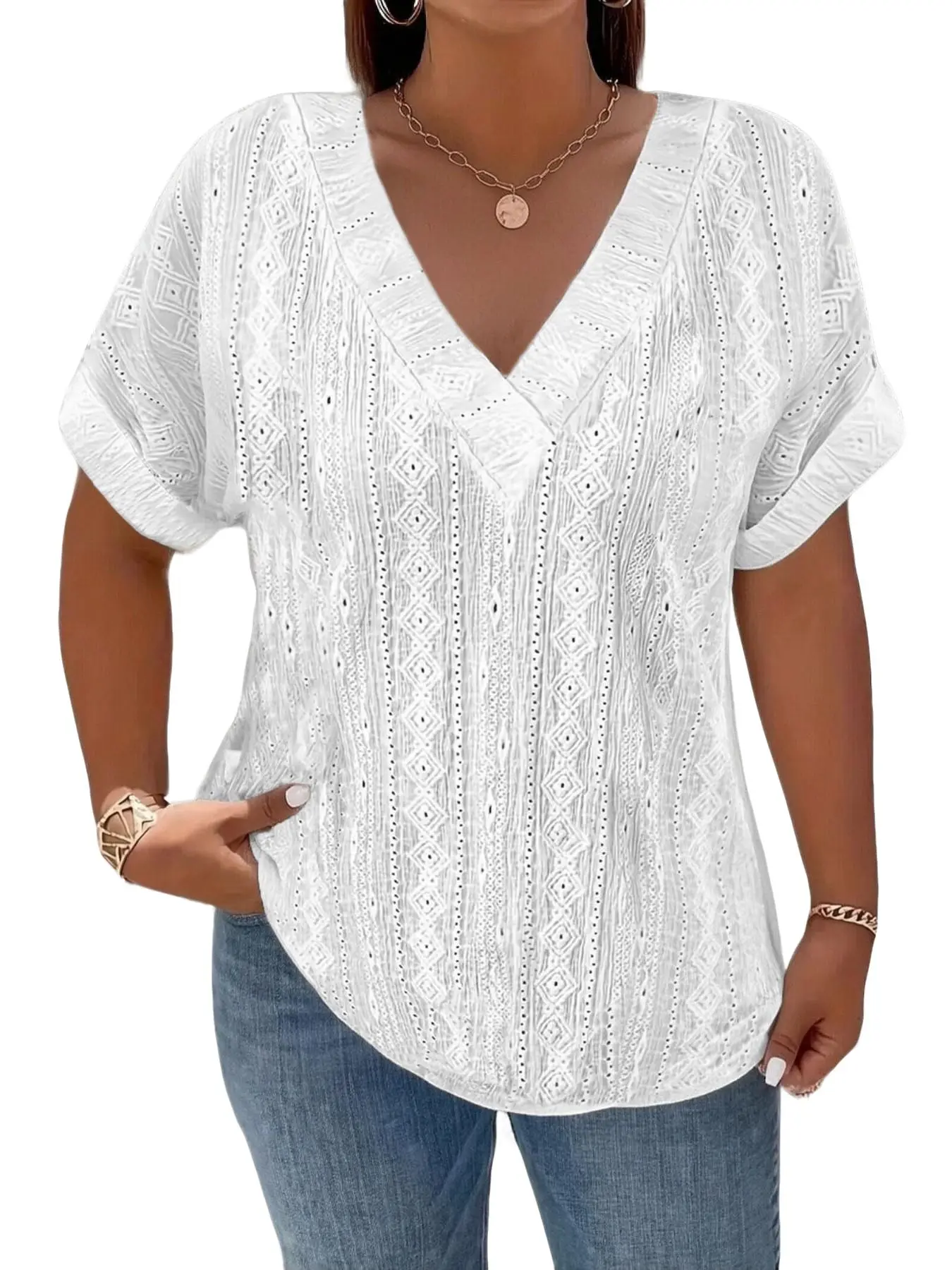 Women's Summer Button Short Sleeve Shirt, Loose-Fitting Solid Color Top, Open Neck Hollow Out Pleated Design, Casual Fashion Apparel