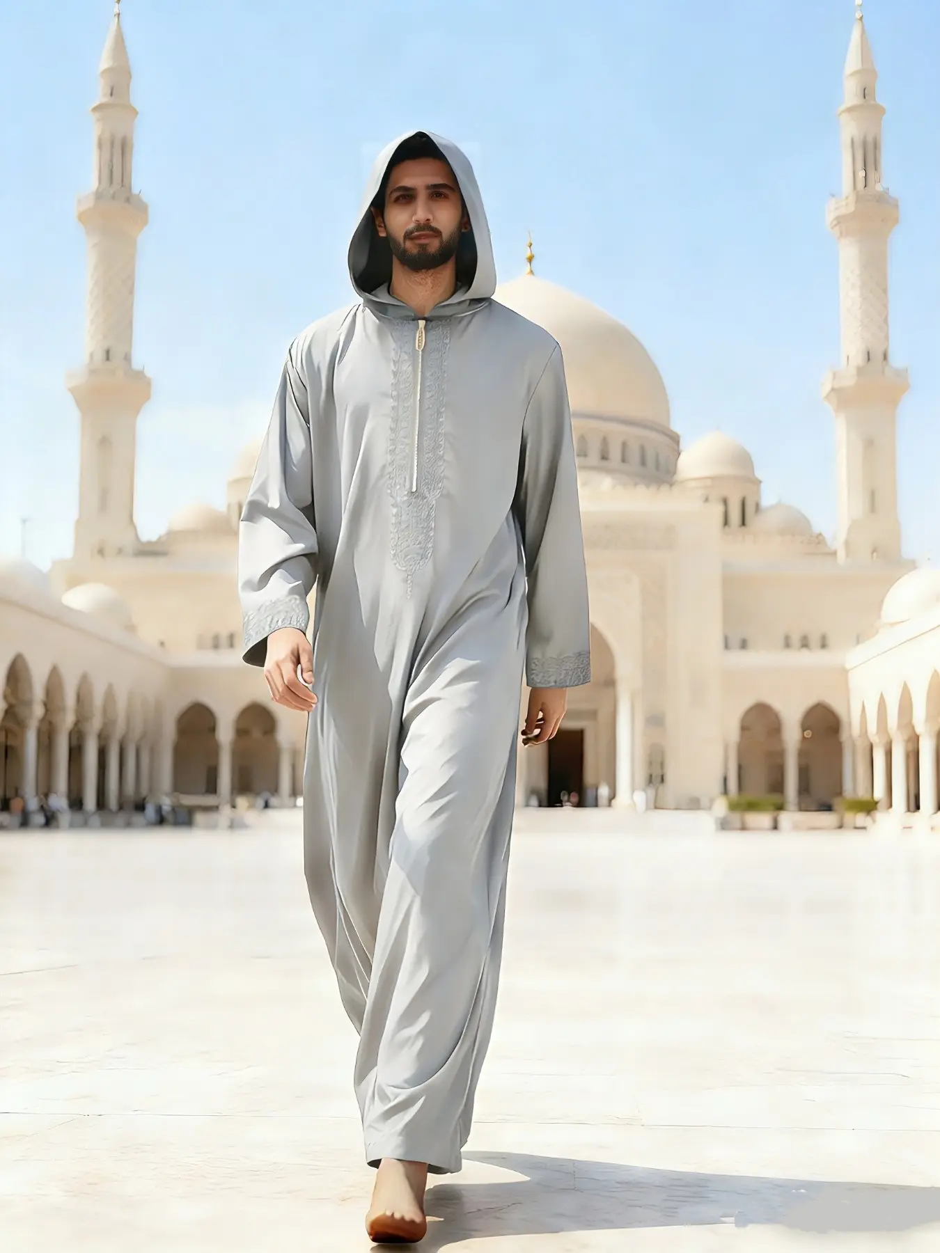 Men's Lightweight Hooded Islamic Thobe, Embroidered Zipper Front, Loose Fit, Ideal for Middle Eastern Men, Perfect for Festivals and Pilgrimages