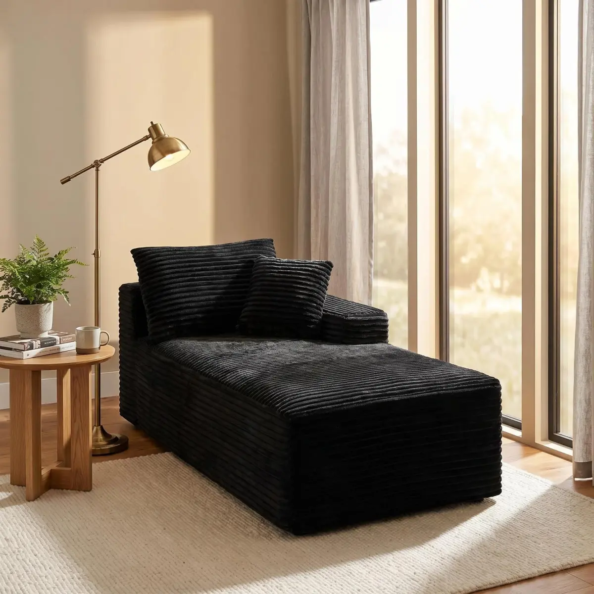 Chaise Lounge Chair Indoor Sleeper Black Corduroy Modular Sofa Couch, Legless Floor-Hugging Armless Accent Chair for Living Room Bedroom, No Assembly Required