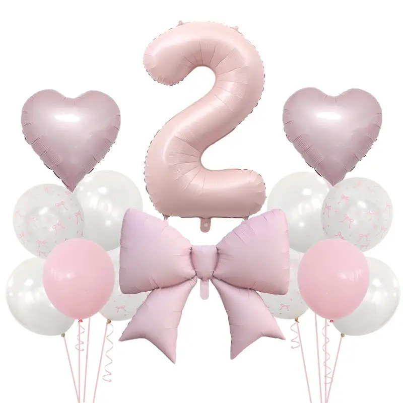 16 Piece Baby Number Bow Balloon Set, Aluminum Foil Balloons with Large Heart Bows, Princess Style Decor for Baby Birthday Party, Birthday Party Decorations