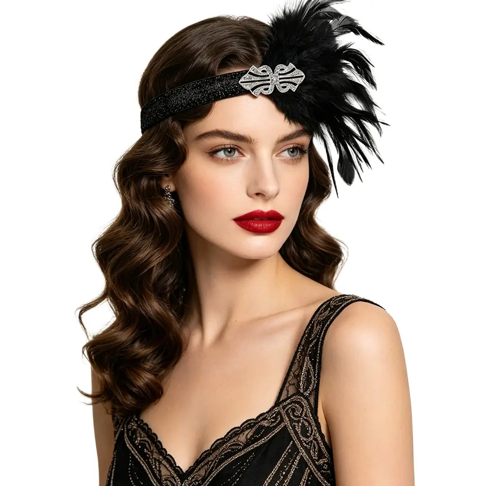 PESENAR 1920s Retro-style Black Rhinestone Feather Hair Headband, Perfect for Modern Lady Looks and Vintage Gatsby-style Accessories, Ideal for Parties and Versatile Daily Wear